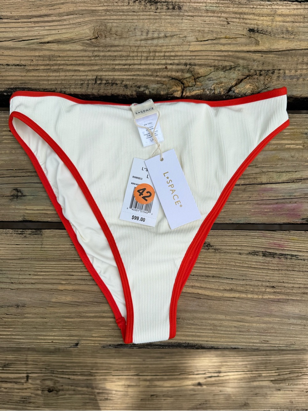 NWT L*Space Nora Bikini Bottom White Red Trim Large